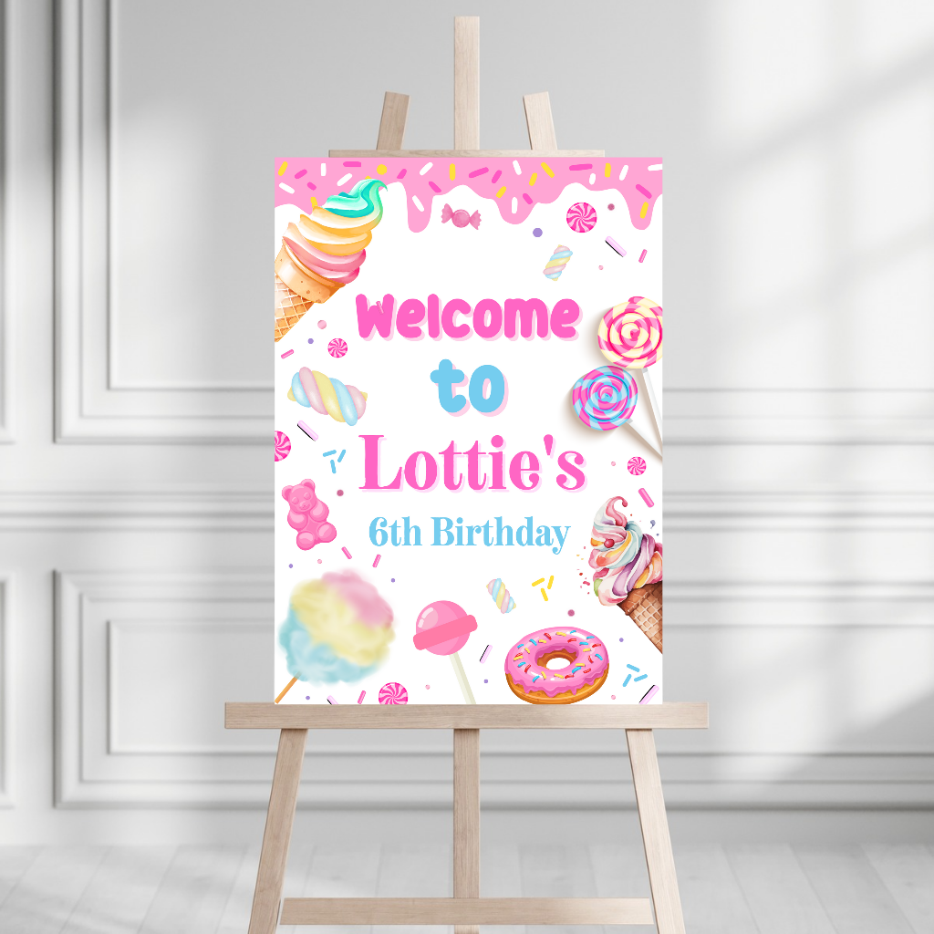 Candy Sweet Welcome Board Sign | Personalised Baby Shower Birthday Party Board | Party Sign | A4, A3, A2
