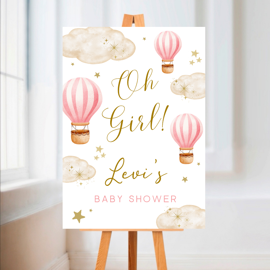 Dark Pink Hot Air Balloon Baby Shower Welcome Board Sign | Personalised Baby Shower Board | Party Sign | A4, A3, A2