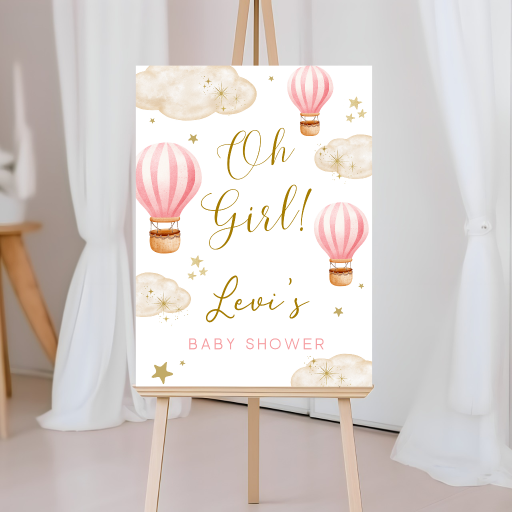 Dark Pink Hot Air Balloon Baby Shower Welcome Board Sign | Personalised Baby Shower Board | Party Sign | A4, A3, A2