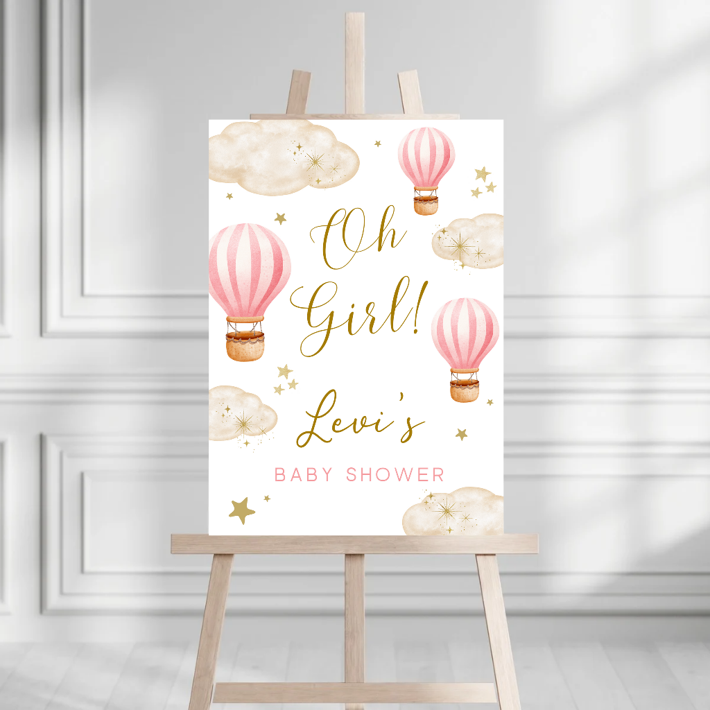Dark Pink Hot Air Balloon Baby Shower Welcome Board Sign | Personalised Baby Shower Board | Party Sign | A4, A3, A2