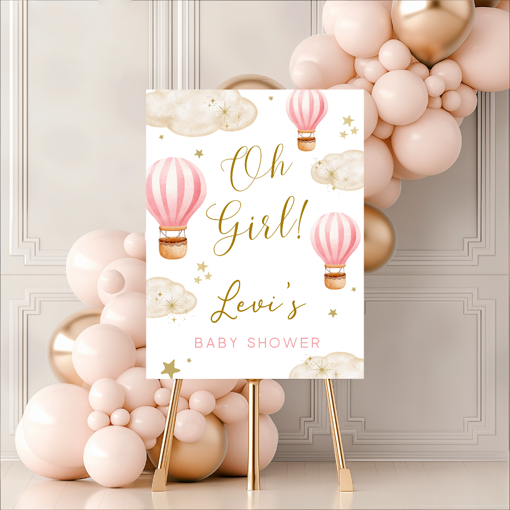 Dark Pink Hot Air Balloon Baby Shower Welcome Board Sign | Personalised Baby Shower Board | Party Sign | A4, A3, A2