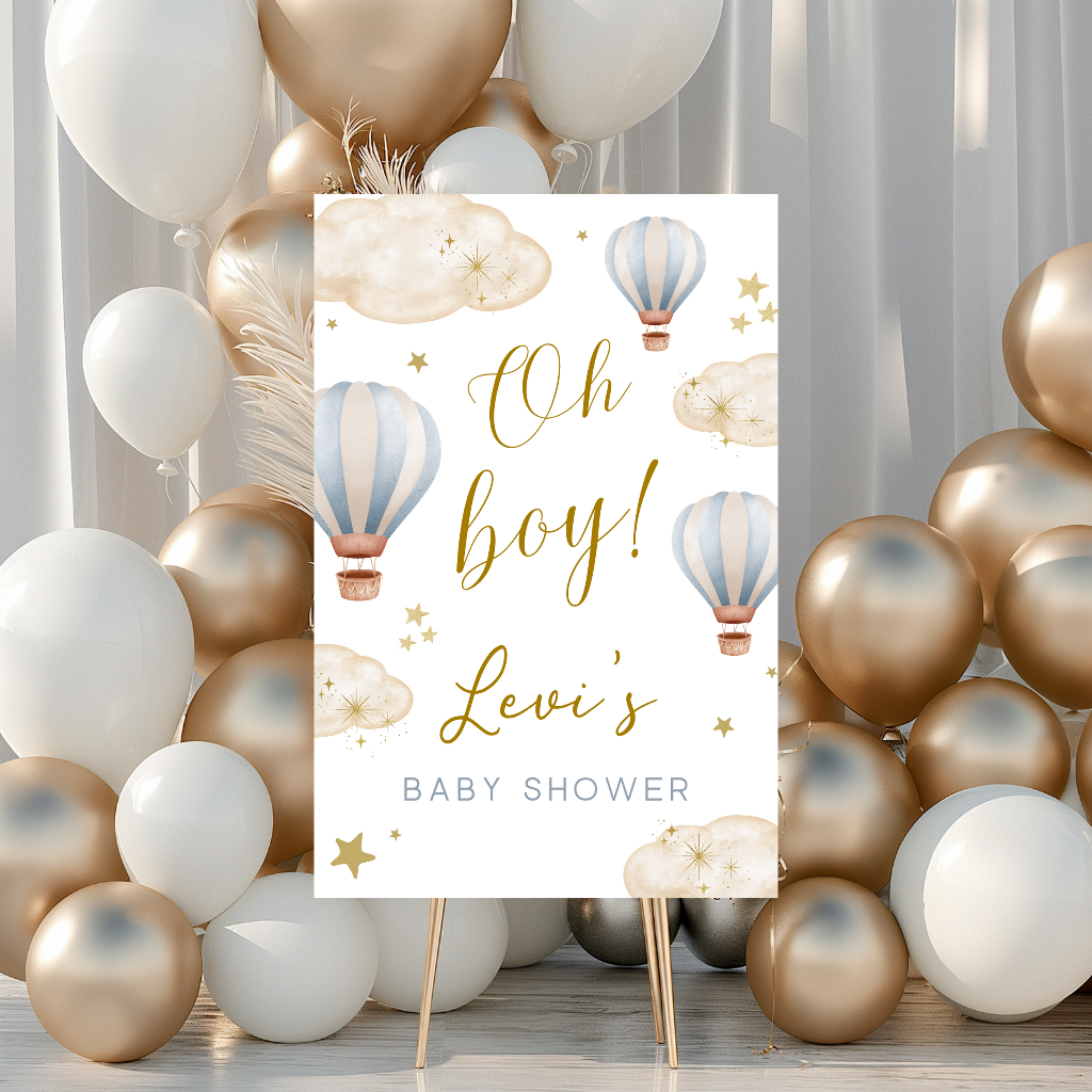 Blue Hot Air Balloon Baby Shower Welcome Board Sign | Personalised Baby Shower Board | Party Sign | A4, A3, A2