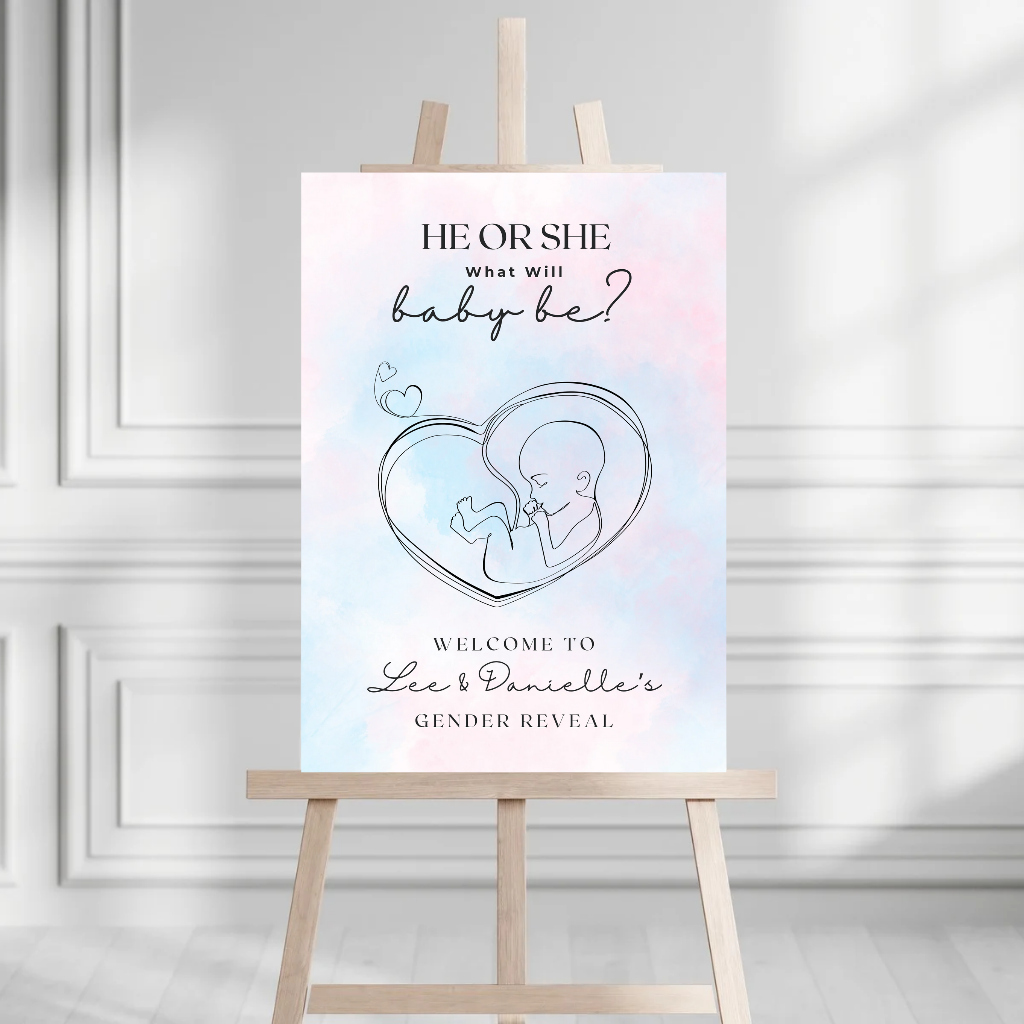 Pink Blue Baby Gender Reveal Welcome Board Sign | Personalised Gender Reveal Board | Party Sign | A4, A3, A2