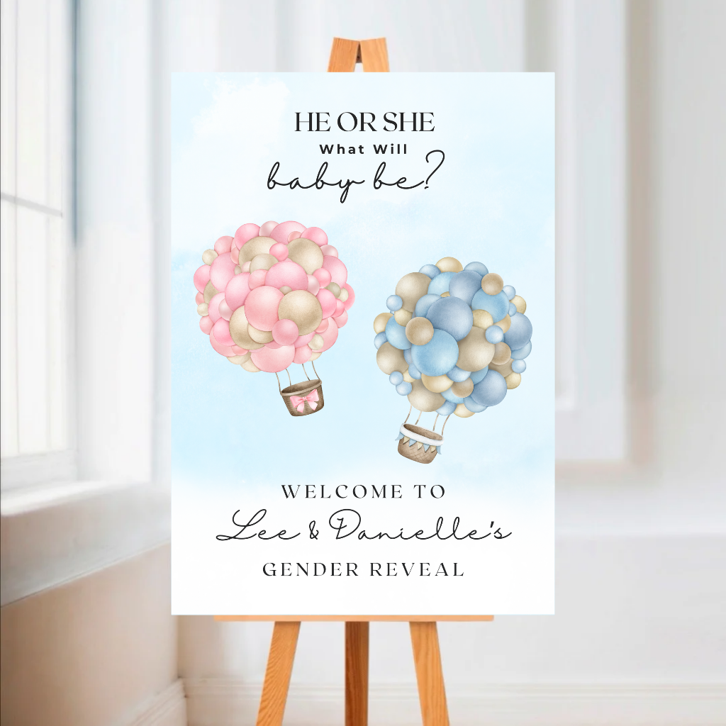 Pink Blue Baby Hot Air Balloon Gender Reveal Welcome Board Sign | Personalised Gender Reveal Board | Party Sign | A4, A3, A2