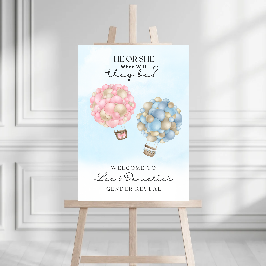 Pink Blue Baby Hot Air Balloon Gender Reveal Welcome Board Sign | Personalised Gender Reveal Board | Party Sign | A4, A3, A2