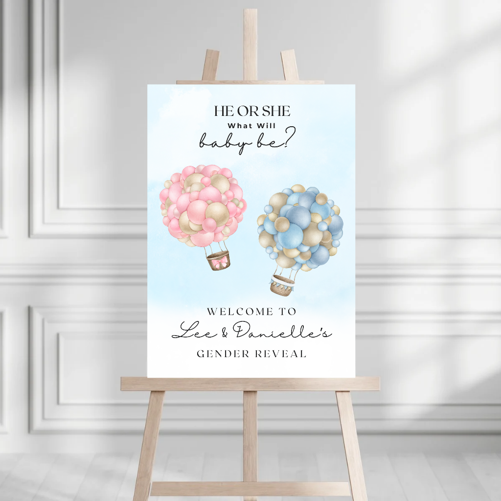 Pink Blue Baby Hot Air Balloon Gender Reveal Welcome Board Sign | Personalised Gender Reveal Board | Party Sign | A4, A3, A2