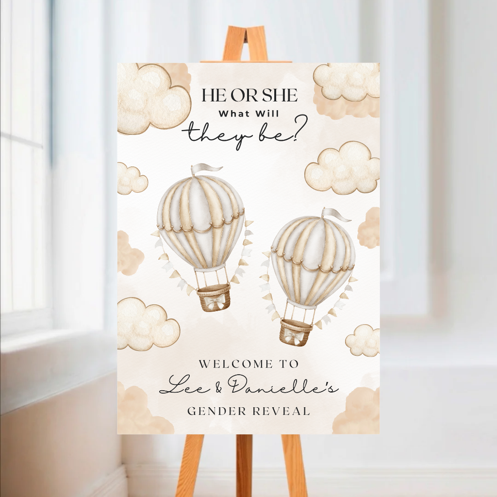 Beige Hot Air Balloons Twin Gender Reveal Welcome Board Sign | Personalised Twin Gender Reveal Board | Party Sign | A4, A3, A2