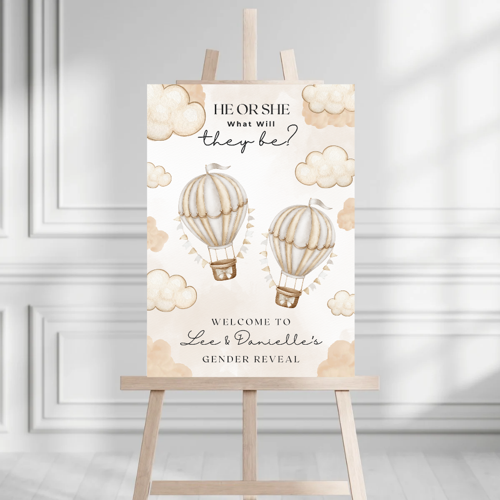Beige Hot Air Balloons Twin Gender Reveal Welcome Board Sign | Personalised Twin Gender Reveal Board | Party Sign | A4, A3, A2