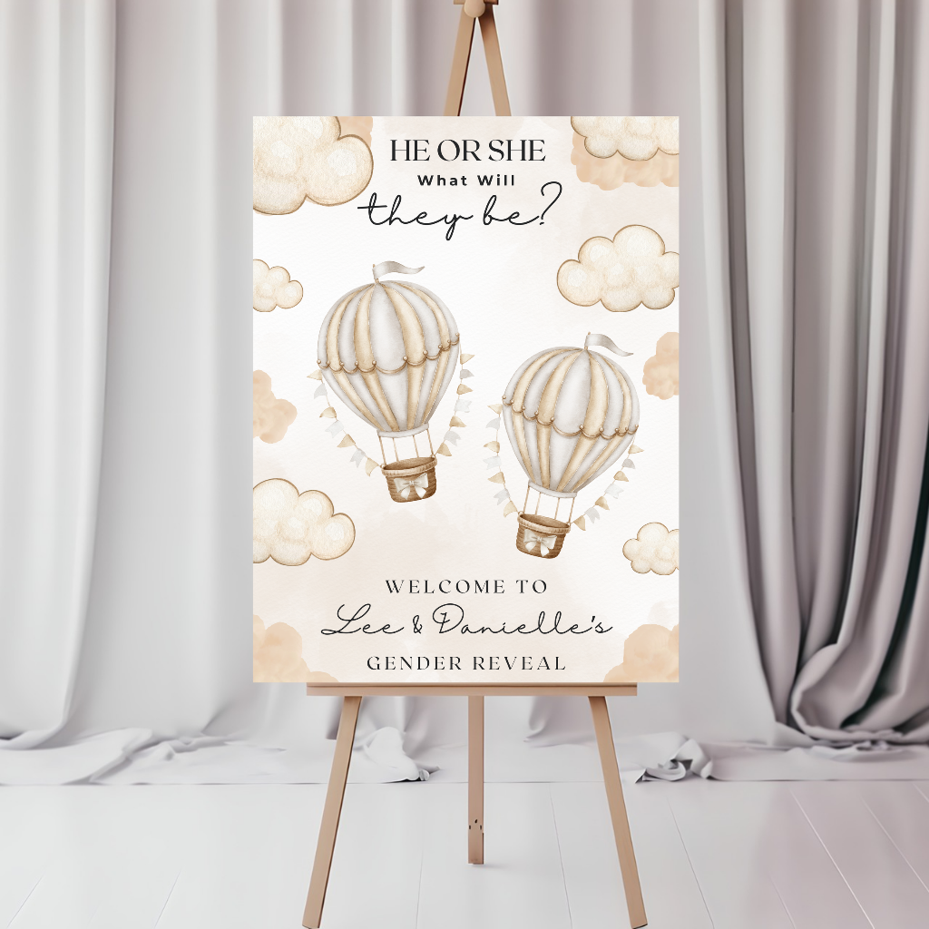 Beige Hot Air Balloons Twin Gender Reveal Welcome Board Sign | Personalised Twin Gender Reveal Board | Party Sign | A4, A3, A2