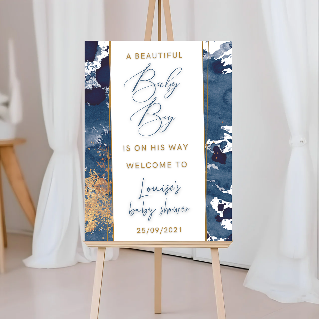 Personalised Navy Blue & Gold Welcome Board Sign | Baby Shower Board | Christening Board | Baby Shower Sign | Party Sign | A4, A3, A2 - Dinky Designs