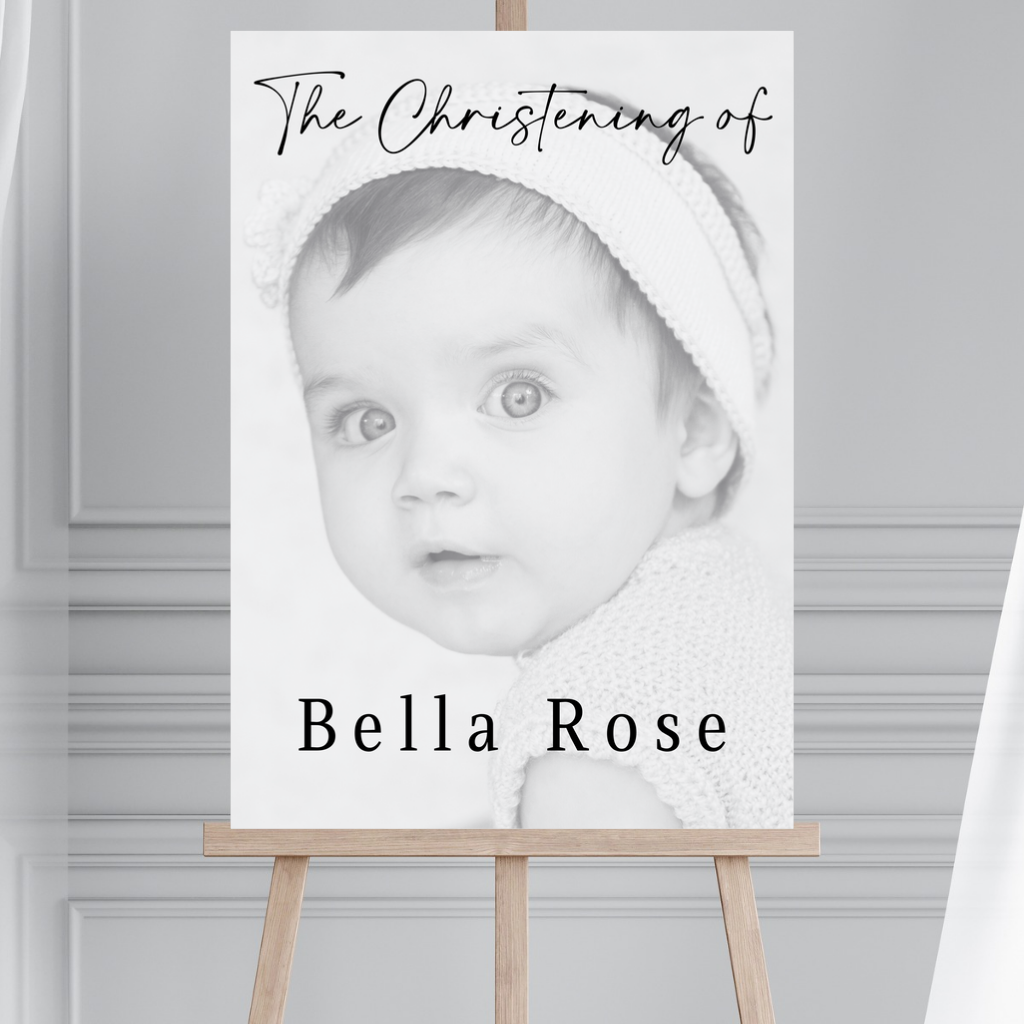 Black & White Photo Board | Christening, Baptism, Holy Communion Welcome Board Sign | Personalised Party Board | A4, A3, A2