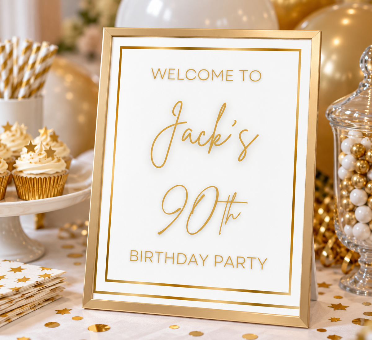 White & Gold Welcome Sign | Personalised Birthday Party Table Print | White Gold Theme | A4, A3