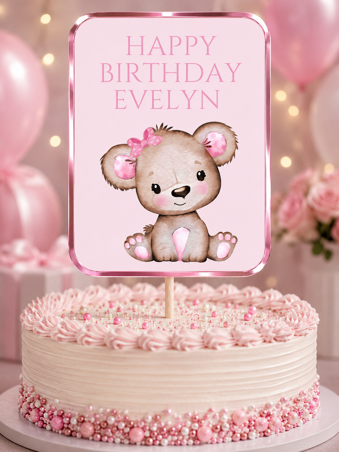 Cake Topper | Personalised Pink Teddy Bear Cake Topper | Pink Teddy Bear Party Supplies - Dinky Designs