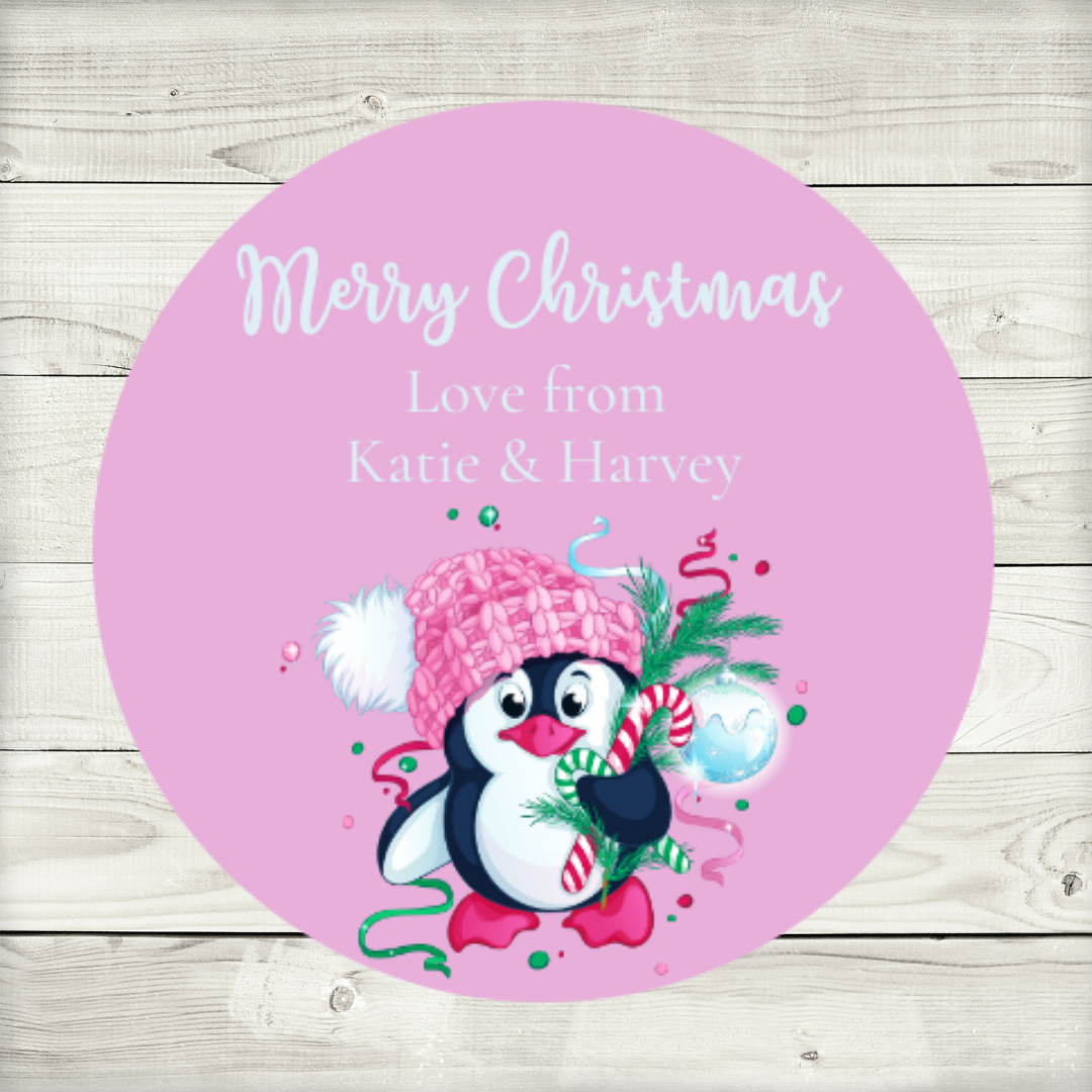 Personalised Christmas Pink Penguin Stickers | Christmas Labels | Sticker Sheet | Christmas Gift Tags