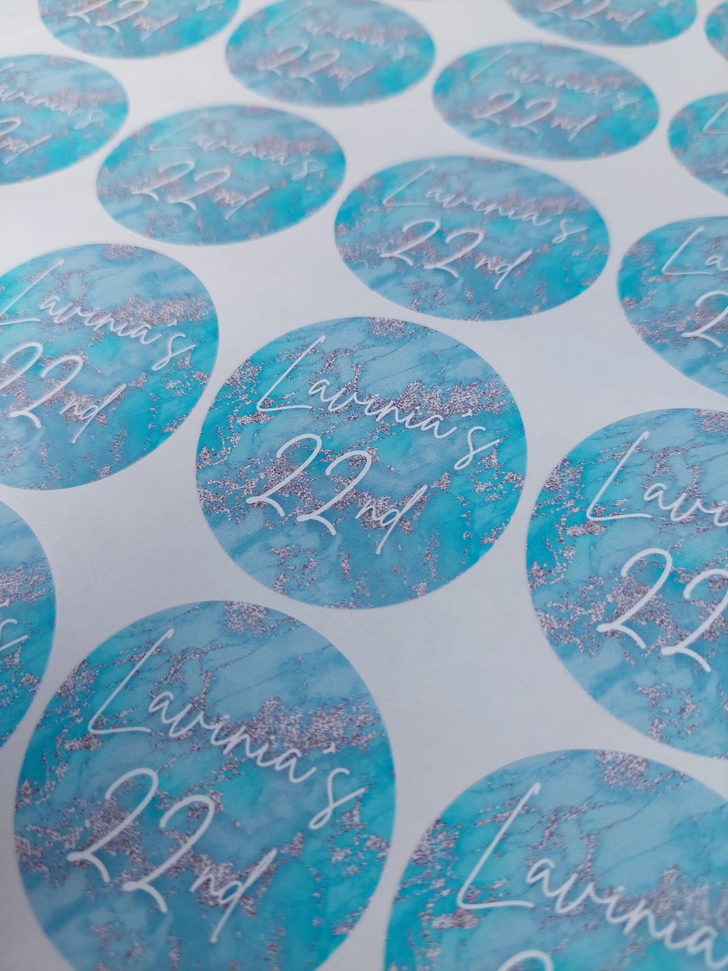 Blue Silver Marble Effect Birthday Stickers | Various Sizes | Birthday Party Supplies