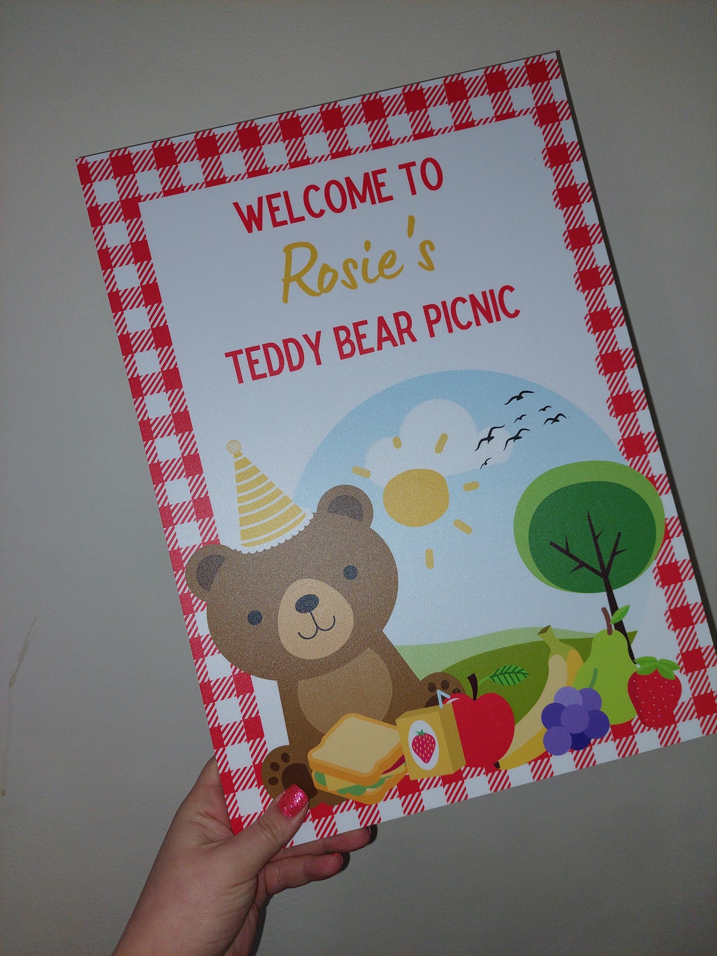 Red Teddy Bear Picnic Welcome Board Sign | Personalised Birthday Board | Birthday Party Sign | A4, A3, A2
