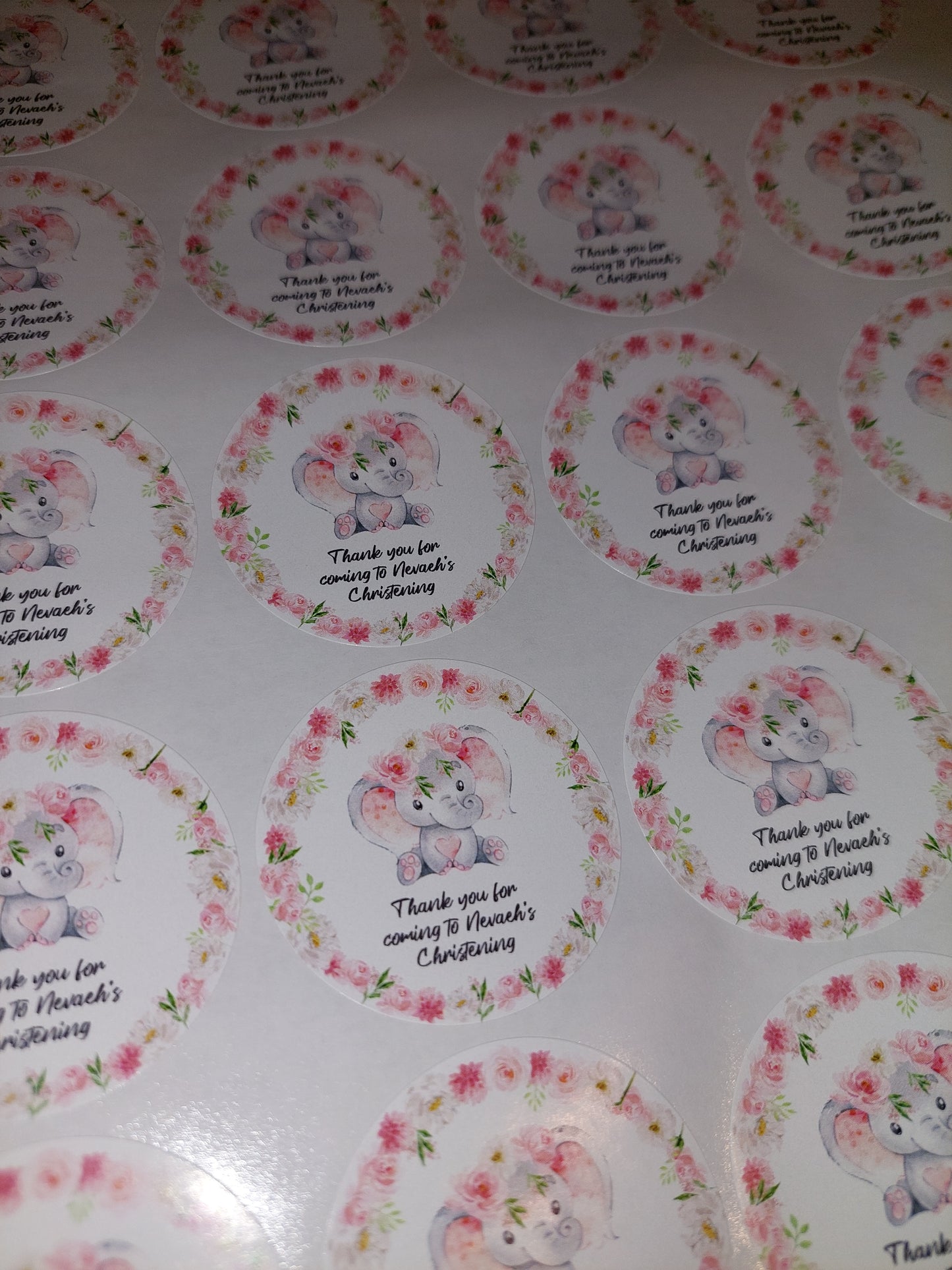 Personalised Pink Floral Elephant Stickers | Sticker Sheet 45mm Circles | Party Stickers | Circle Stickers | Sticker Sheet