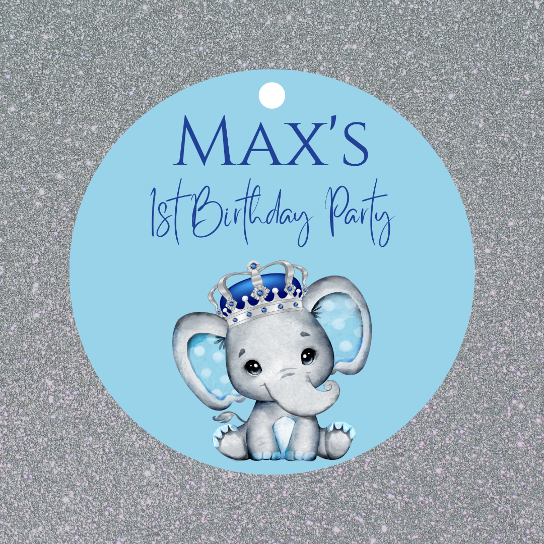 Blue Elephant Crown Gift Tags | Baby Shower, Birthday Gift Tags | Circle Gift Tags