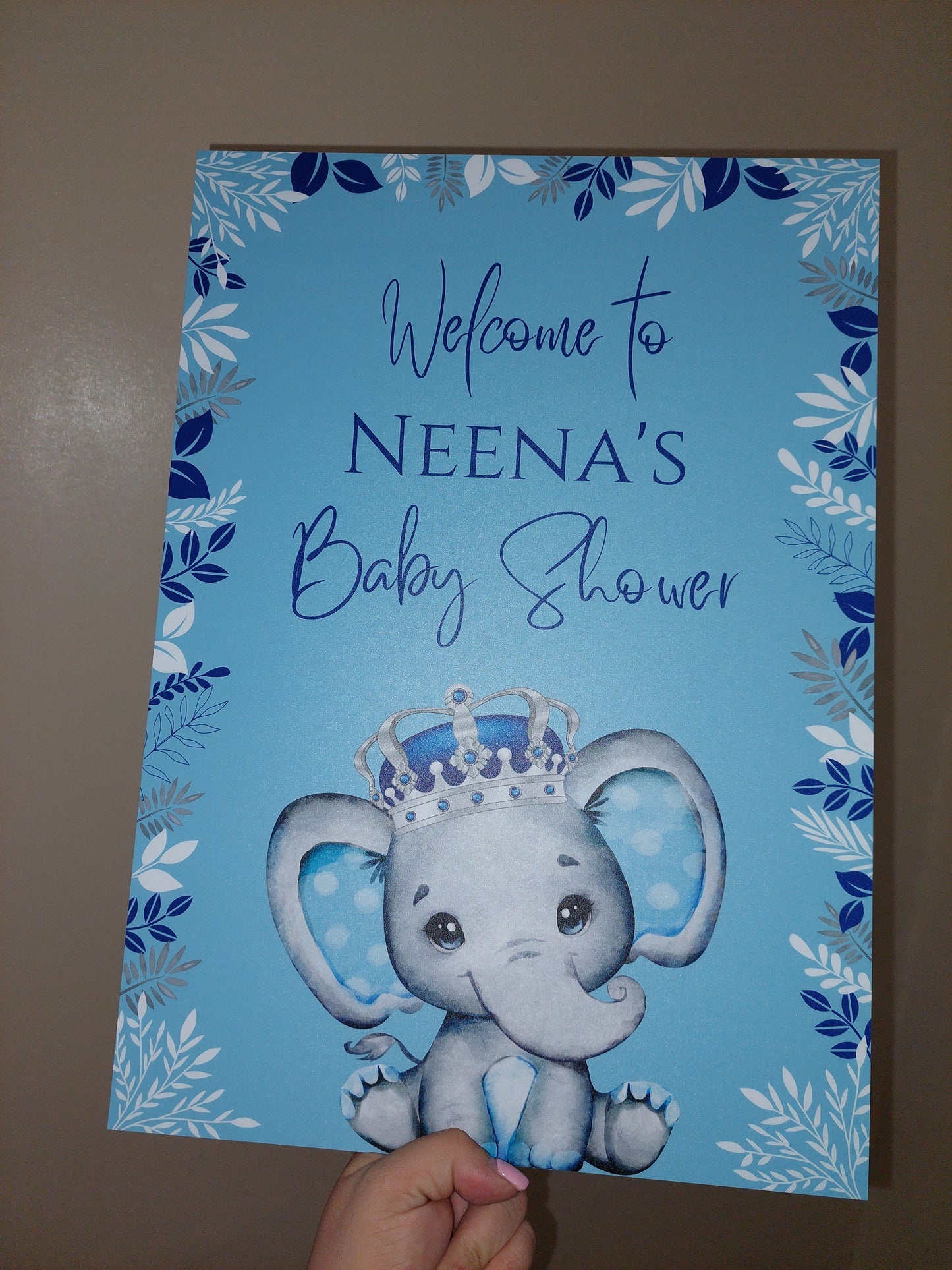 Blue Elephant Crown Welcome Board Sign | Personalised Baby Shower, Birthday Party Board | Party Sign | A4, A3, A2