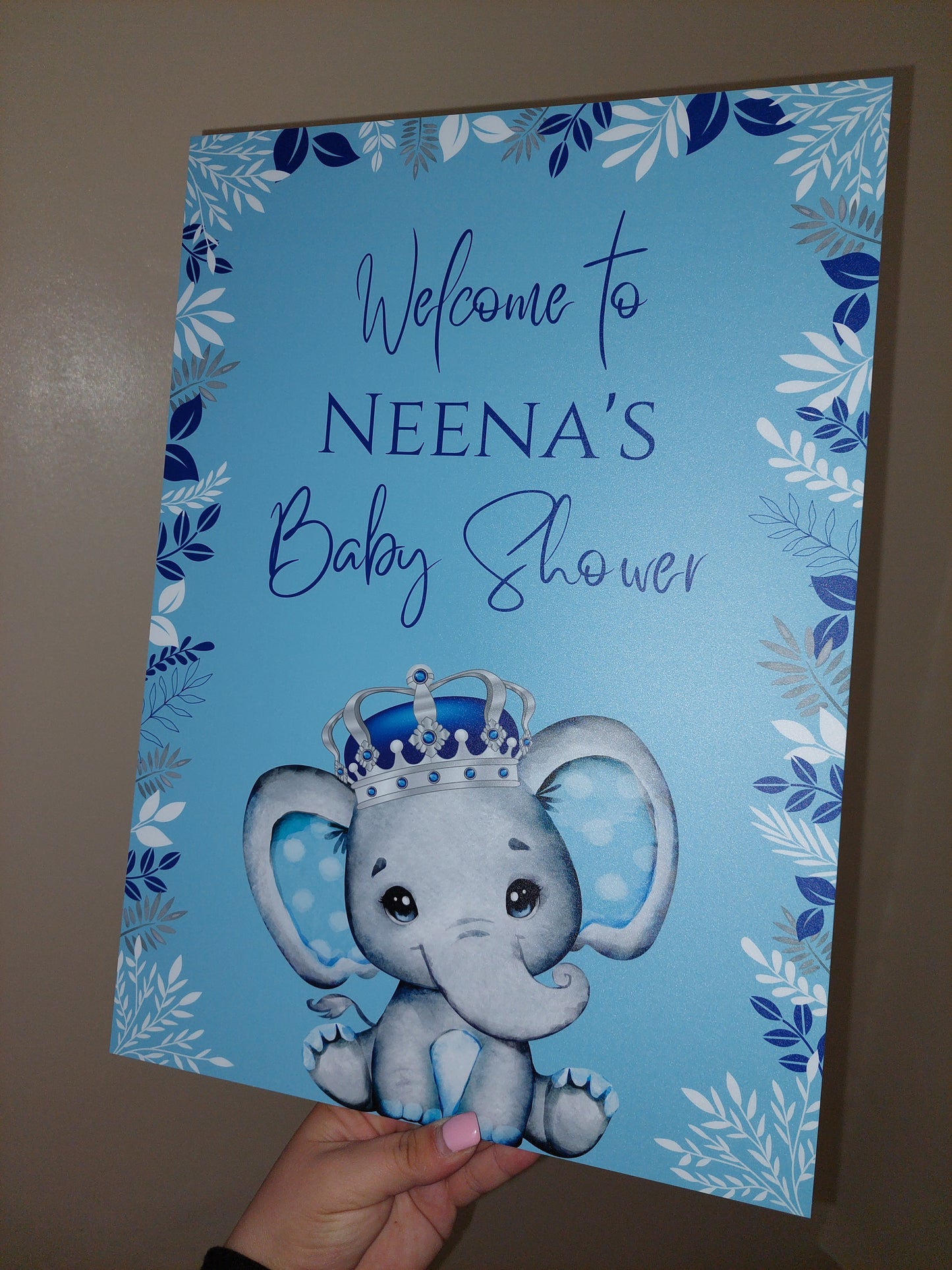Blue Elephant Crown Welcome Board Sign | Personalised Baby Shower, Birthday Party Board | Party Sign | A4, A3, A2
