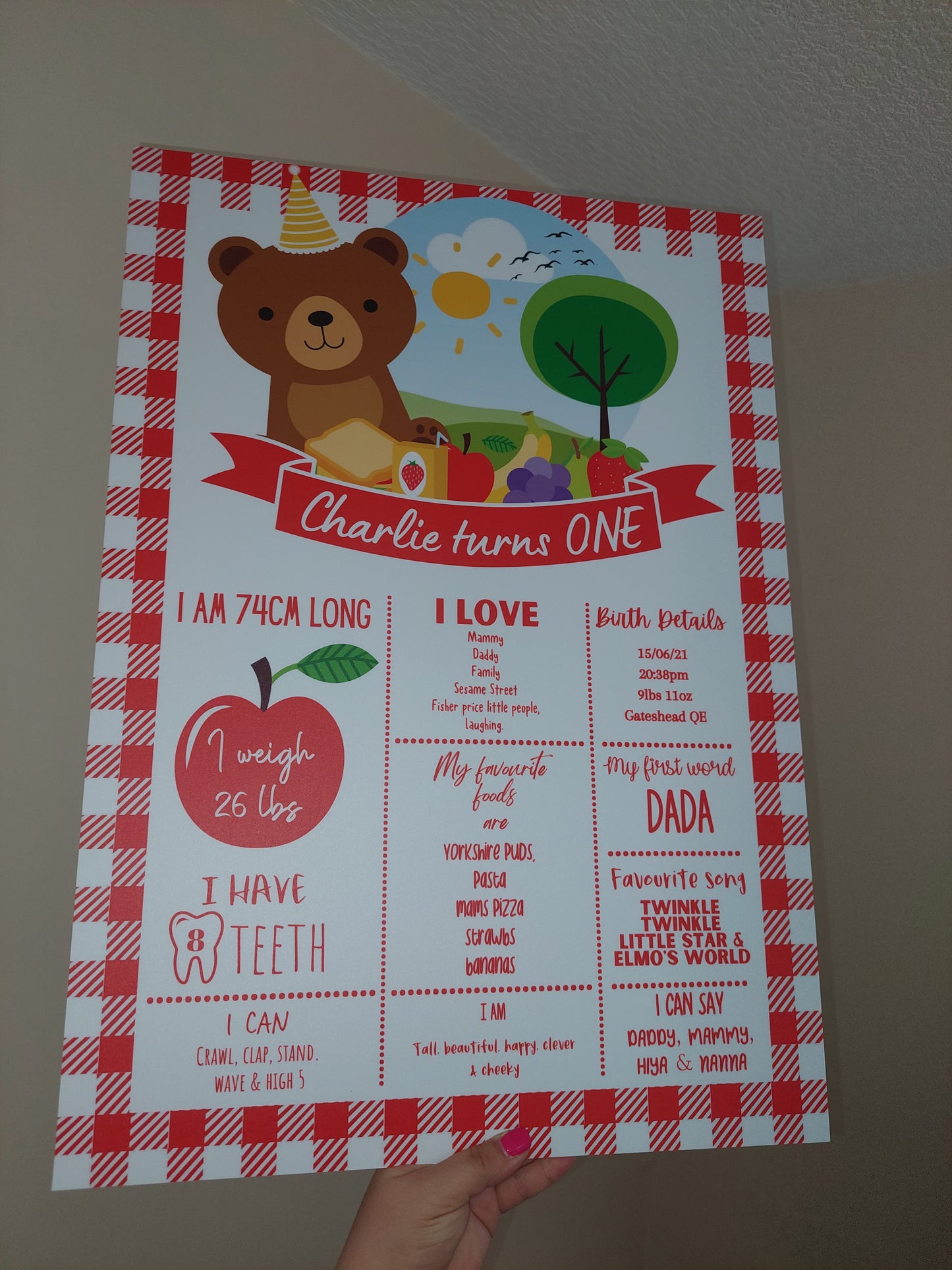 Red Teddy Bear Welcome Board Sign | Personalised First Birthday Board | Birthday Party Sign | First Birthday Party Décor | Red Teddy Bear Party Theme | A4, A3, A2