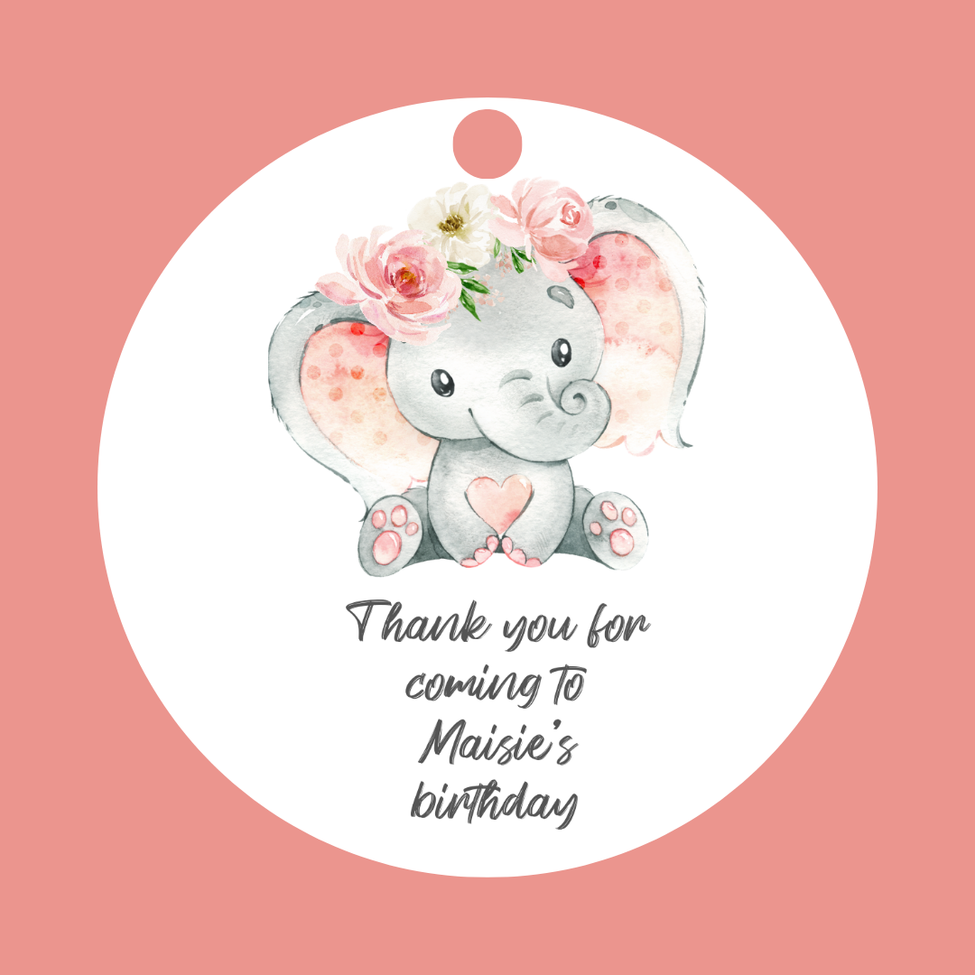 Floral Pink Elephant Gift Tags | Baby Shower, Birthday Gift Tags | Circle Gift Tags