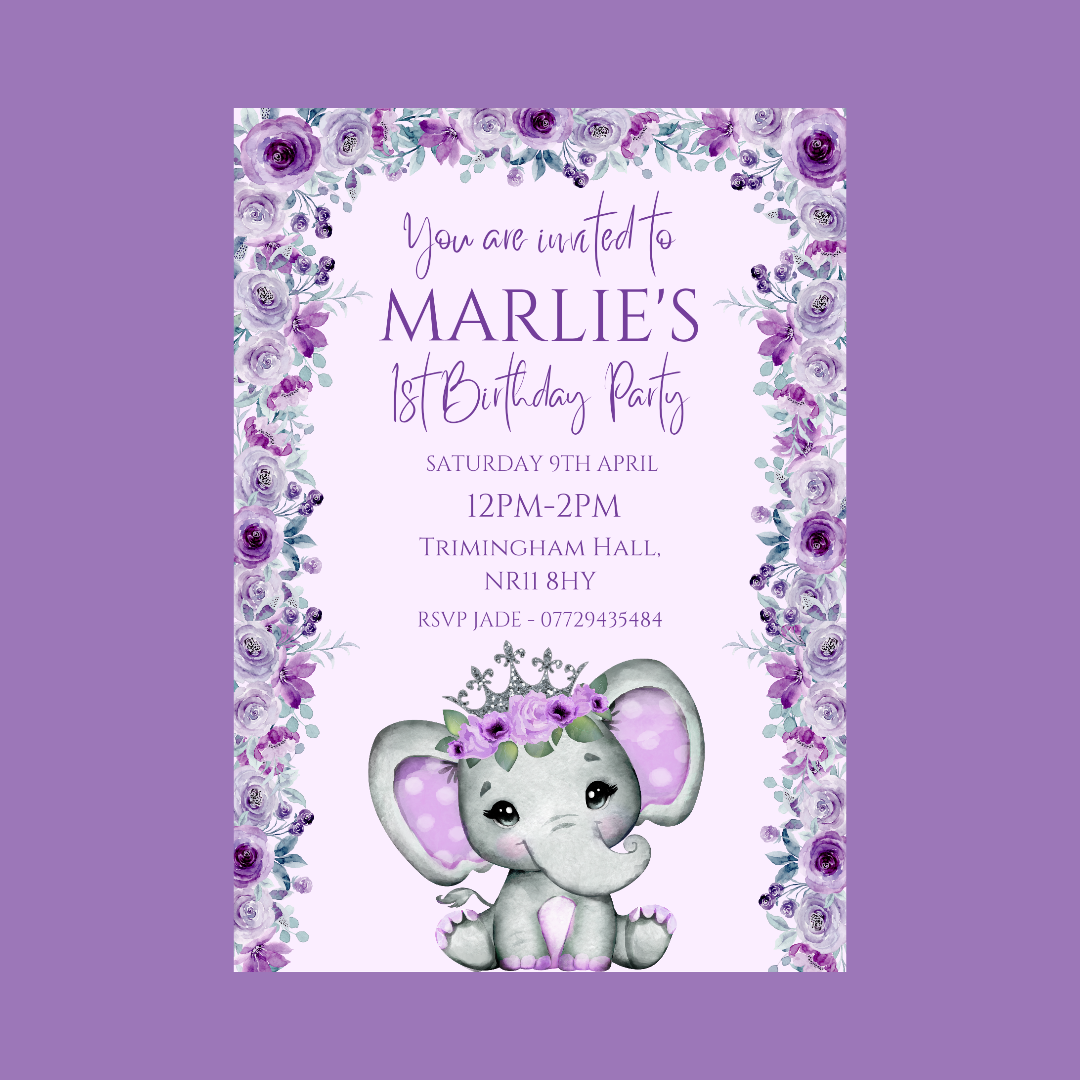 Purple Pink Elephant Invitations Purple Elephant Crown Baby Shower