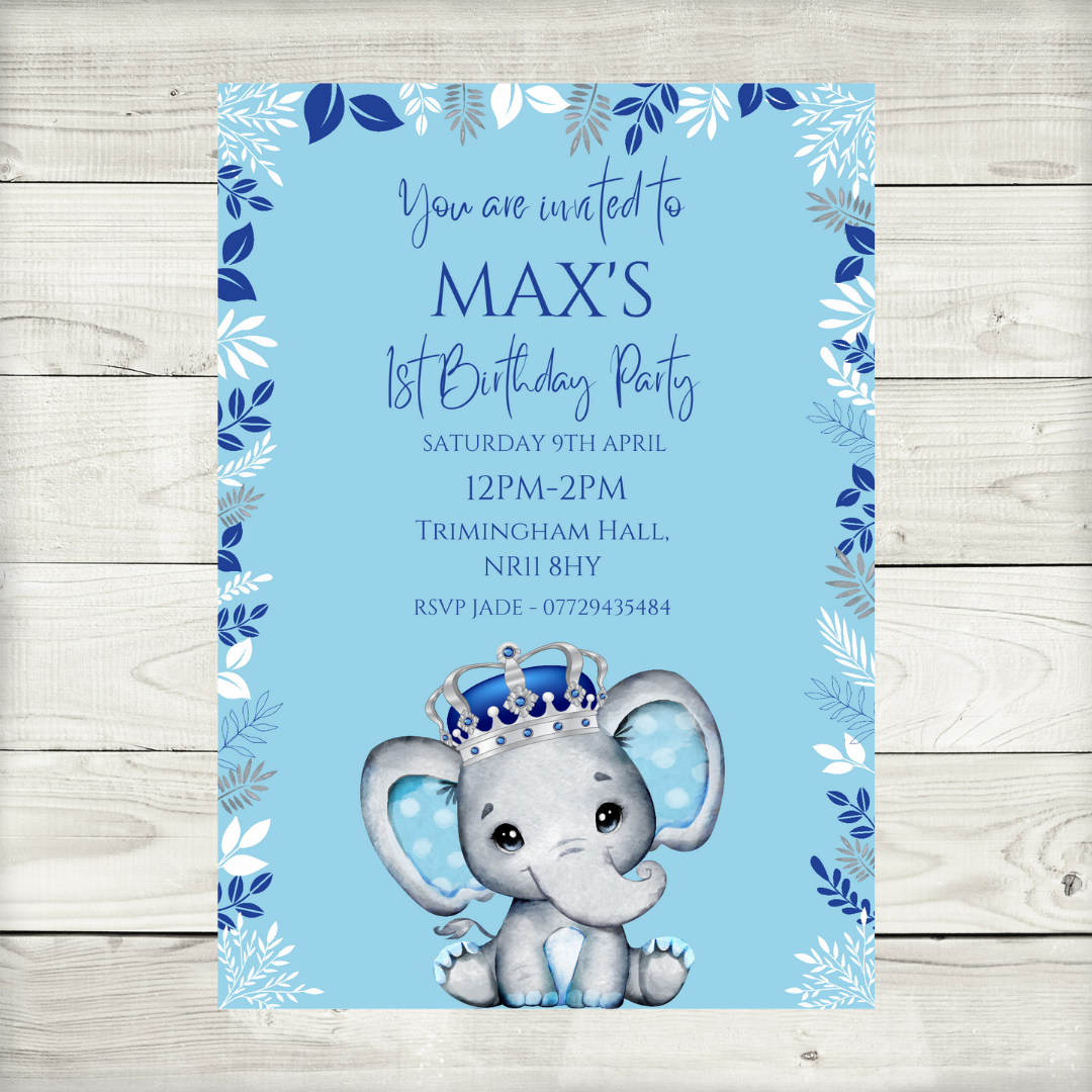 Blue Elephant Crown Baby Shower, Birthday Invitations | A6 Invites | Blue Elephant Crown Theme Invitations | Party Invitations