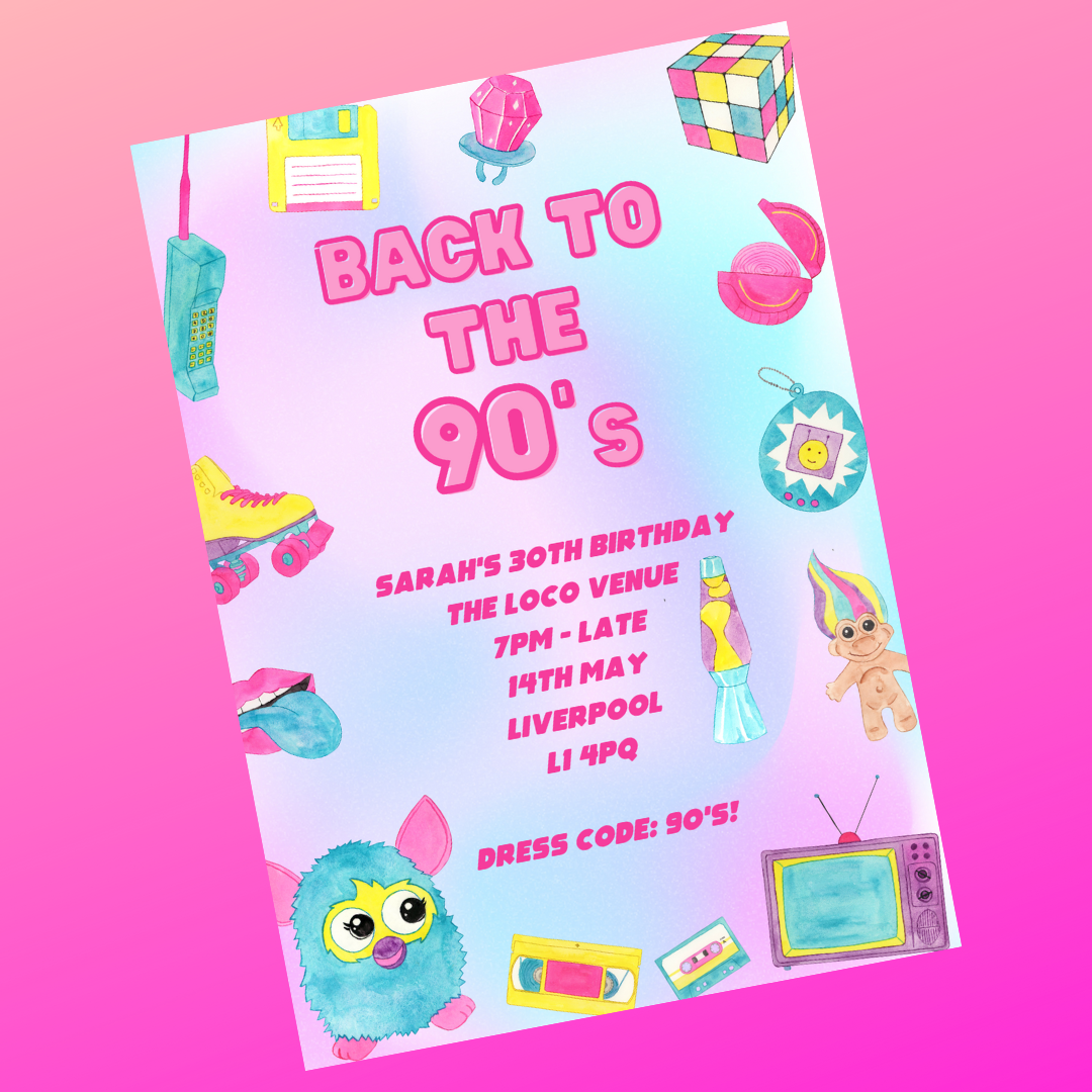 90's Theme Birthday, Hen Party Invitations | A6 Invites | 90's Theme Invitations | Party Invitations