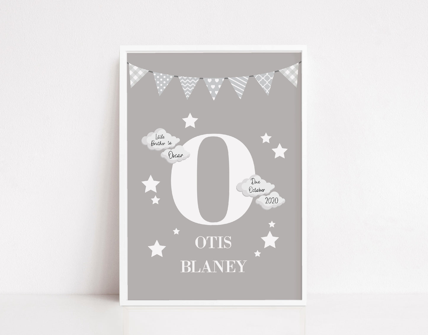 Nursery Print | Personalised Grey Initial/Name Print | Newborn Gift | New Baby Gift