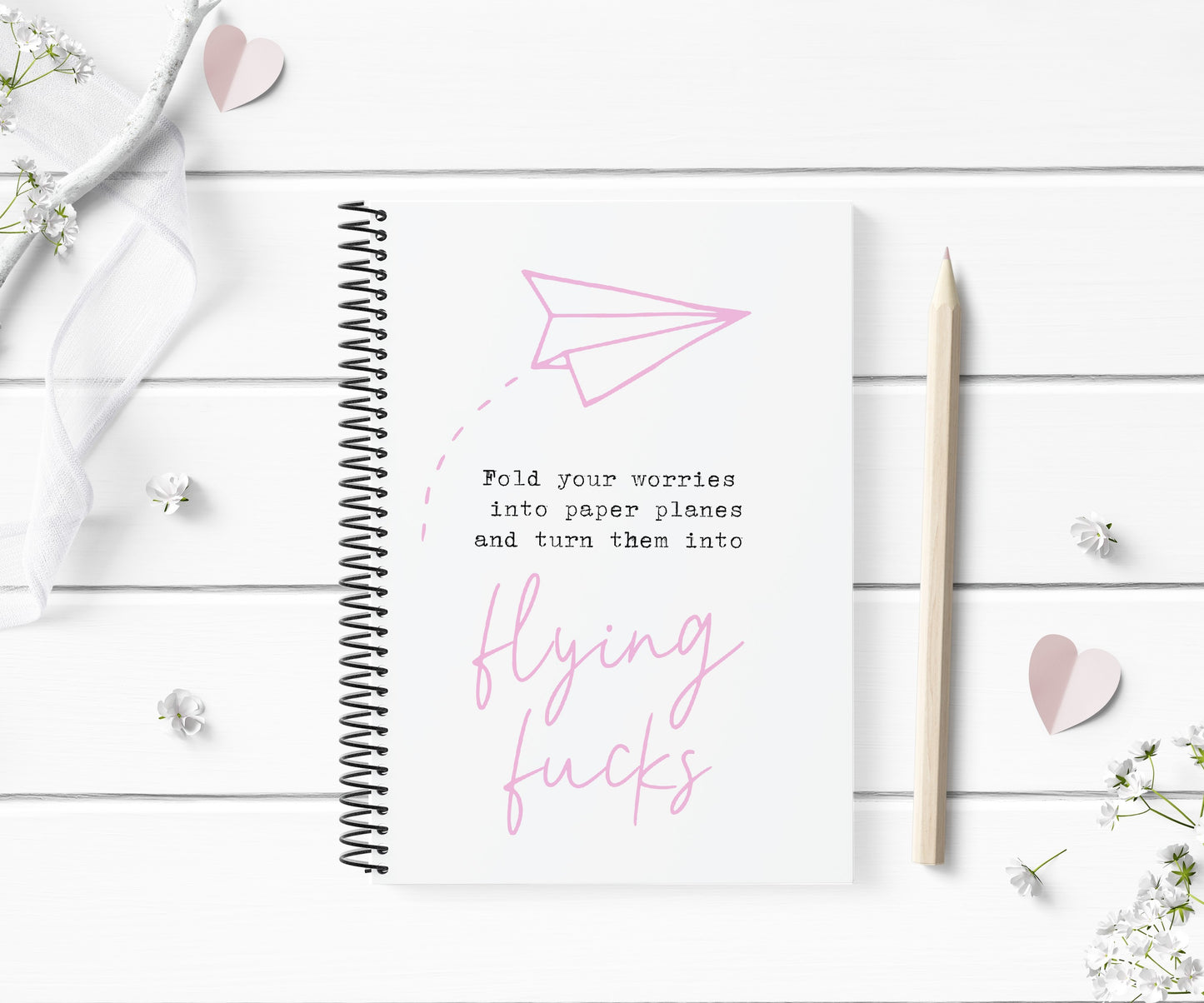 Funny Notebook | Fold Your Worries Into Paper Planes And Turn Them Into Flying Fucks | Pink Grey Notebook Gift