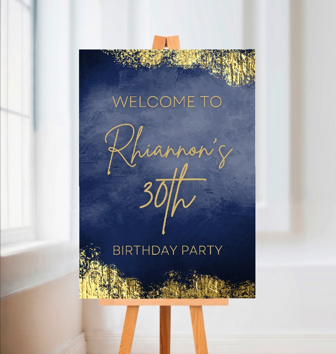 Navy Blue & Gold Welcome Board Sign | Personalised Birthday Board | Birthday Party Sign | A4, A3, A2