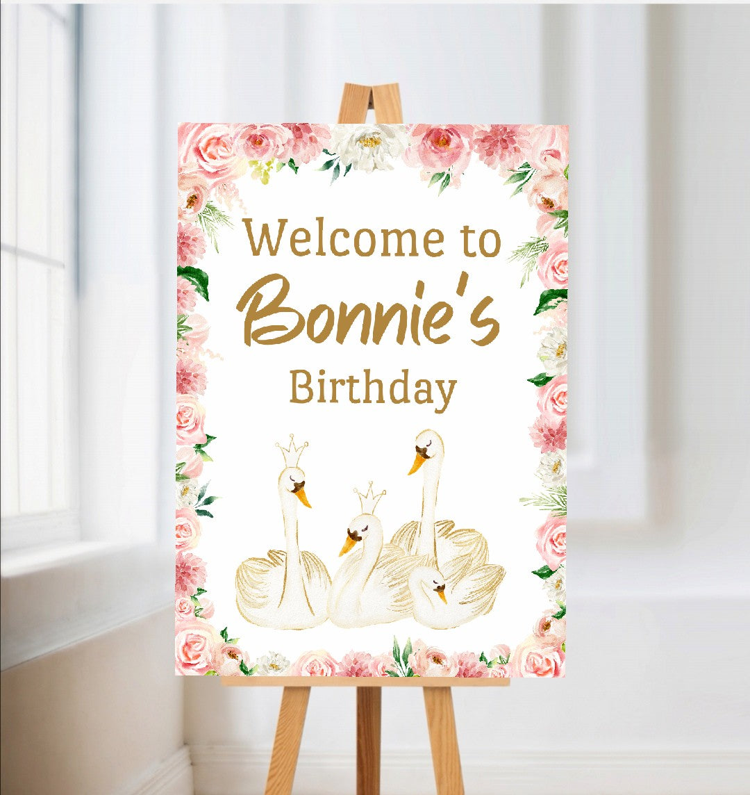 Swan Welcome Board Sign | Personalised Swan  Birthday Board | Birthday Party Sign | Party Décor | Pink Swan Party Theme | A4, A3, A2