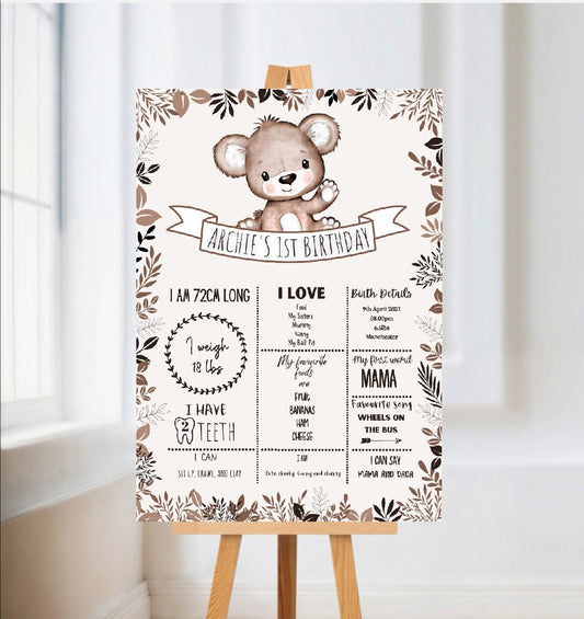 Personalised Brown Beige Neutral Teddy Bear Welcome Board Sign | Teddy Bear First Birthday Board | Birthday Party Sign | Teddy Bear Party Theme | A4, A3, A2