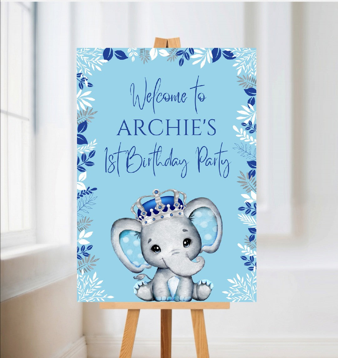 Blue Elephant Crown Welcome Board Sign | Personalised Baby Shower, Birthday Party Board | Party Sign | A4, A3, A2