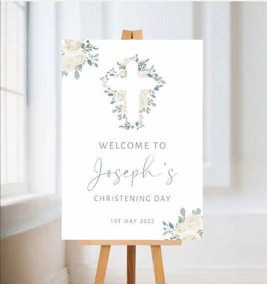 Christening, Baptism, Holy Communion Welcome Board Sign | Personalised Party Board | White Floral Party Sign | A4, A3, A2