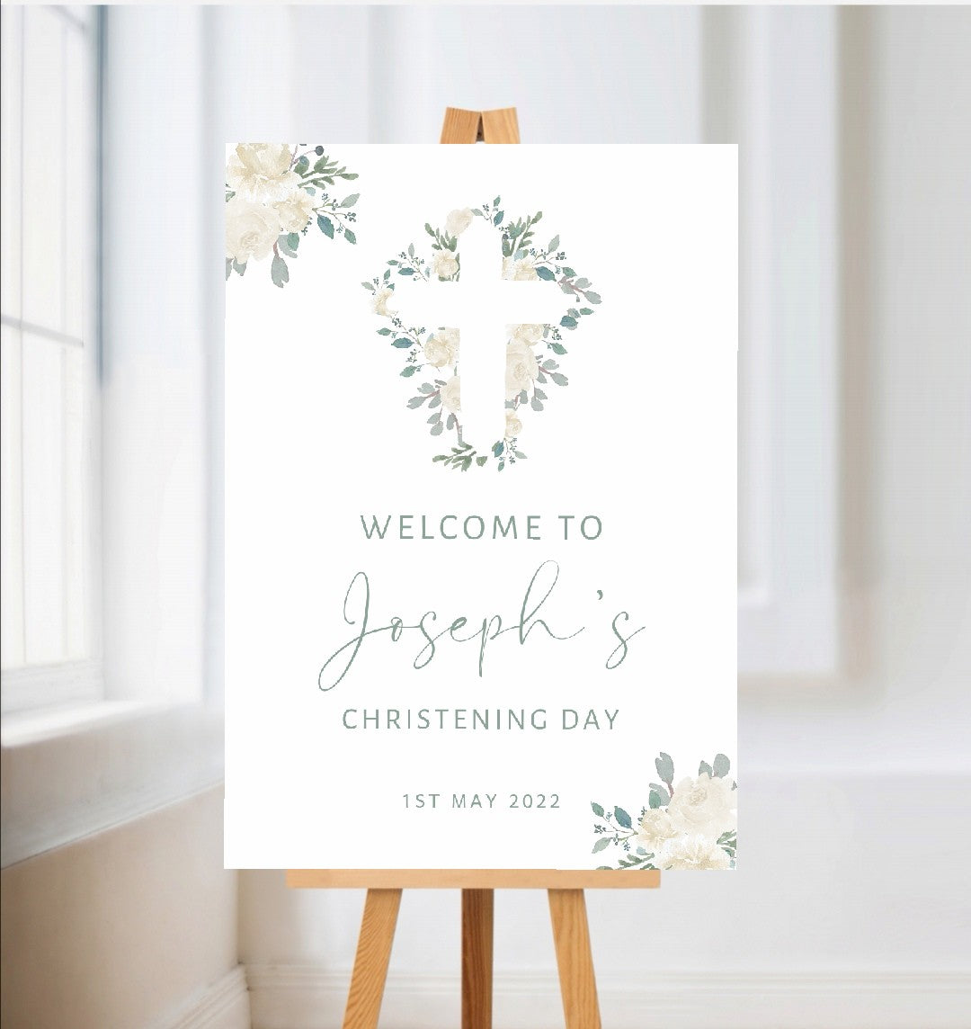 Christening, Baptism, Holy Communion Welcome Board Sign | Personalised Party Board | White Floral Party Sign | A4, A3, A2