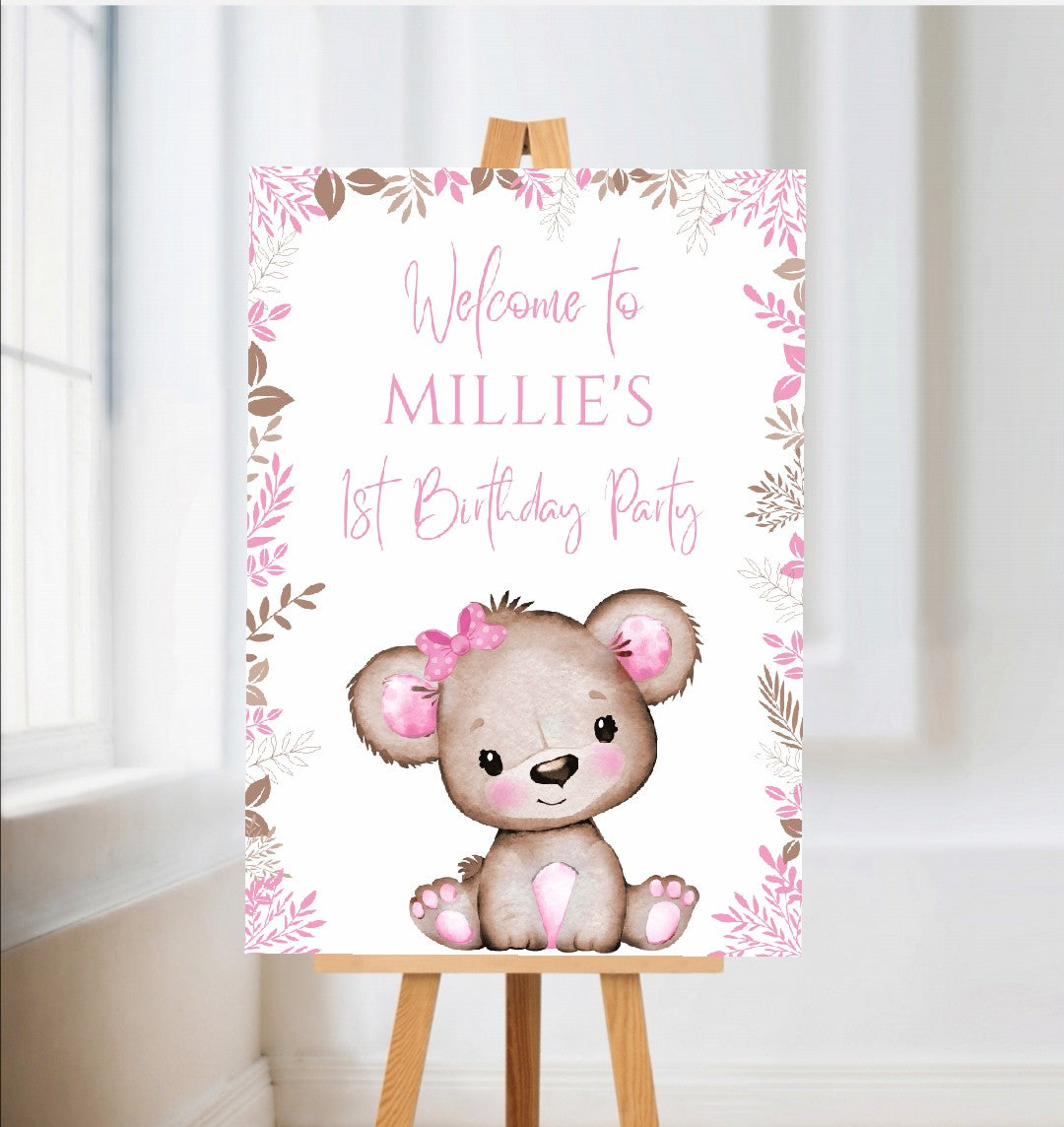 Pink Or White Teddy Bear Welcome Board Sign | Personalised Baby Shower, Birthday Party Board | Party Sign | A4, A3, A2