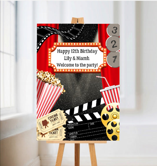 Movie Night Welcome Board Sign | Personalised Birthday Board | Birthday Party Sign | A4, A3, A2