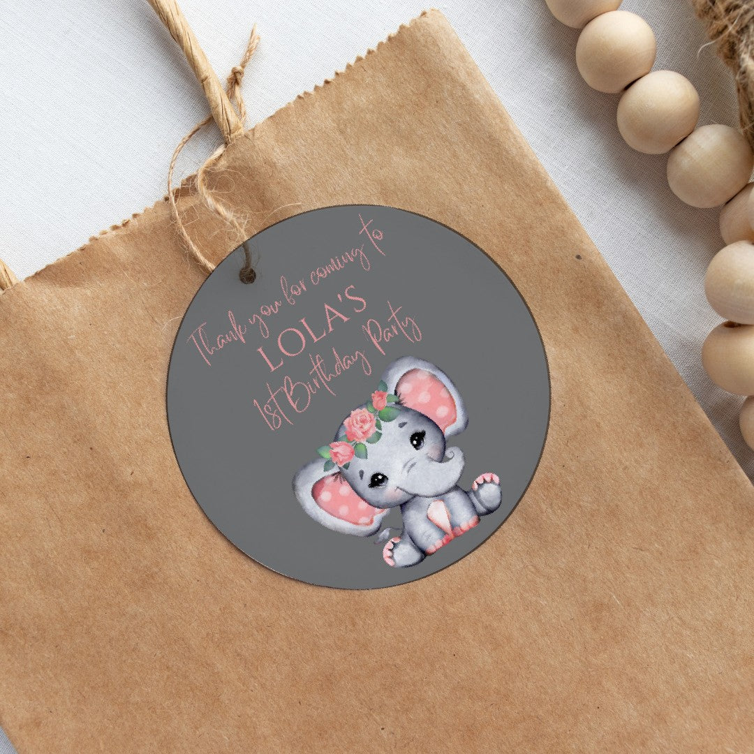 Coral Pink Elephant Gift Tags | Baby Shower, Birthday Gift Tags | Circle Gift Tags
