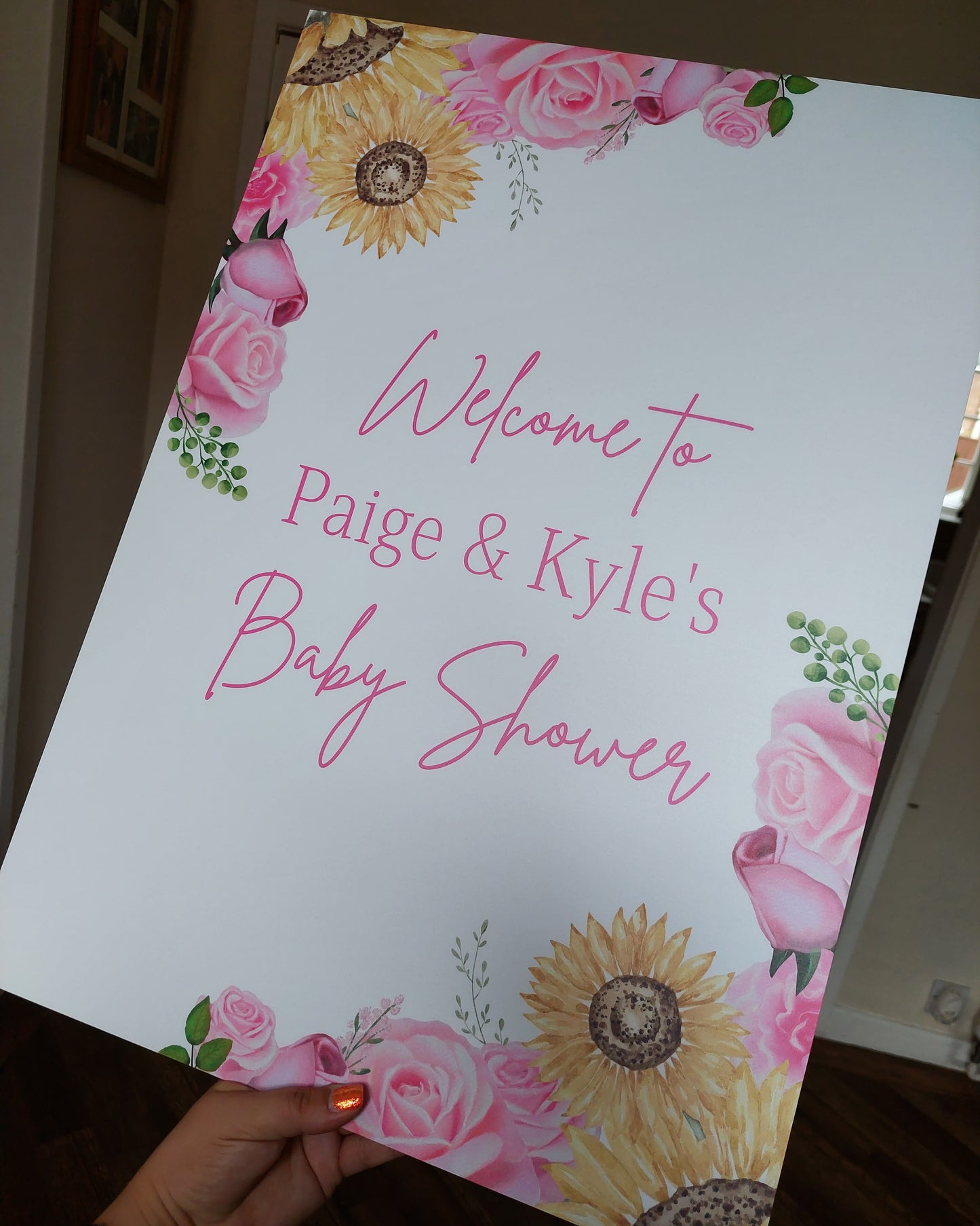 Personalised Floral Pink Yellow Sunflower & Roses Welcome Board Sign | Birthday Board | Christening Board | Baby Shower Board | Party Sign | A4, A3, A2