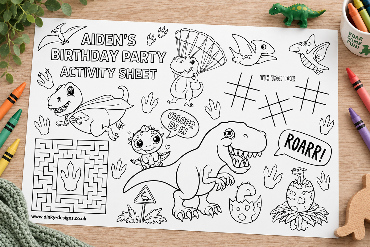 A4 Colouring Activity Sheets | Personalised Dinosaur Design Activity Sheets | Dinosaur Placemats - Dinky Designs