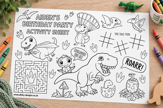 A4 Colouring Activity Sheets | Personalised Dinosaur Design Activity Sheets | Dinosaur Placemats - Dinky Designs
