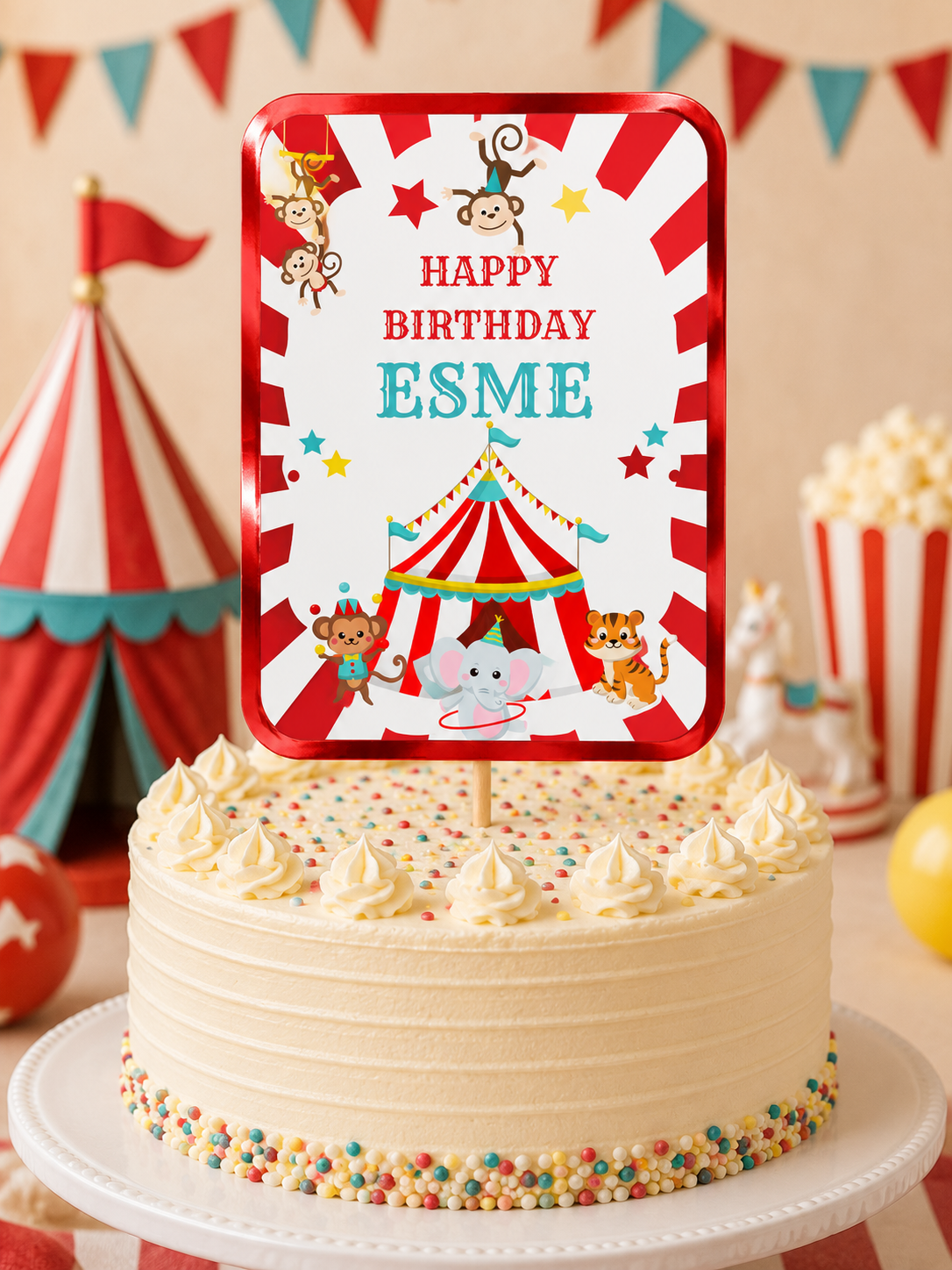 Cake Topper | Personalised Circus Cake Topper | Circus Party Supplies | Design 1 - Dinky Designs