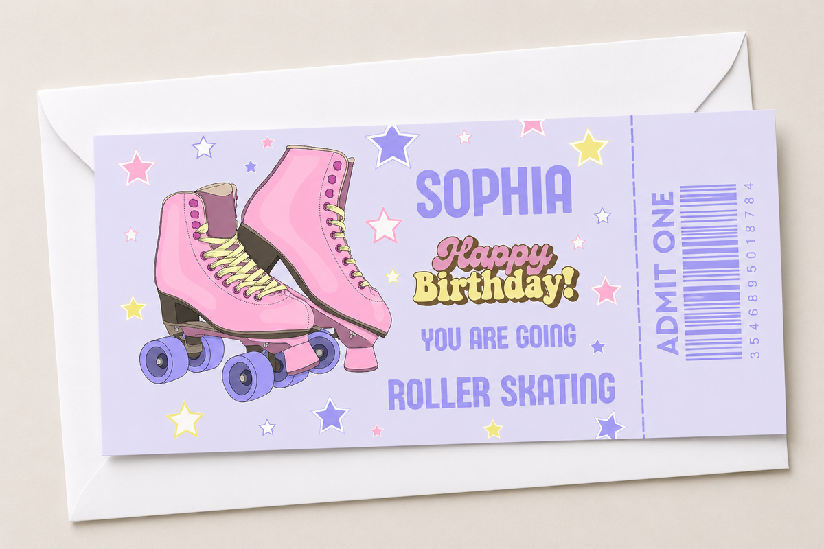 Surprise Ticket Print | Personalised Pink & Purple Roller Skating Ticket Pass Voucher Membership | Gift Idea - Dinky Designs