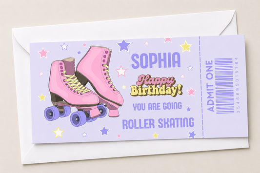 Surprise Ticket Print | Personalised Pink & Purple Roller Skating Ticket Pass Voucher Membership | Gift Idea - Dinky Designs