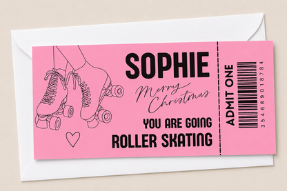 Surprise Ticket Print | Personalised Pink Roller Skating Ticket Pass Voucher Membership | Gift Idea - Dinky Designs