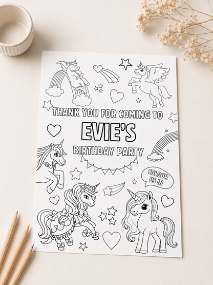 A6 Colouring Sheets | Personalised Unicorn Colouring Sheets | Party Bag Favours - Dinky Designs