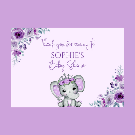 Rectangle Stickers | Party Stickers | Purple Floral Elephant Baby Shower, Birthday, Christening Stickers | Party Bag Stickers