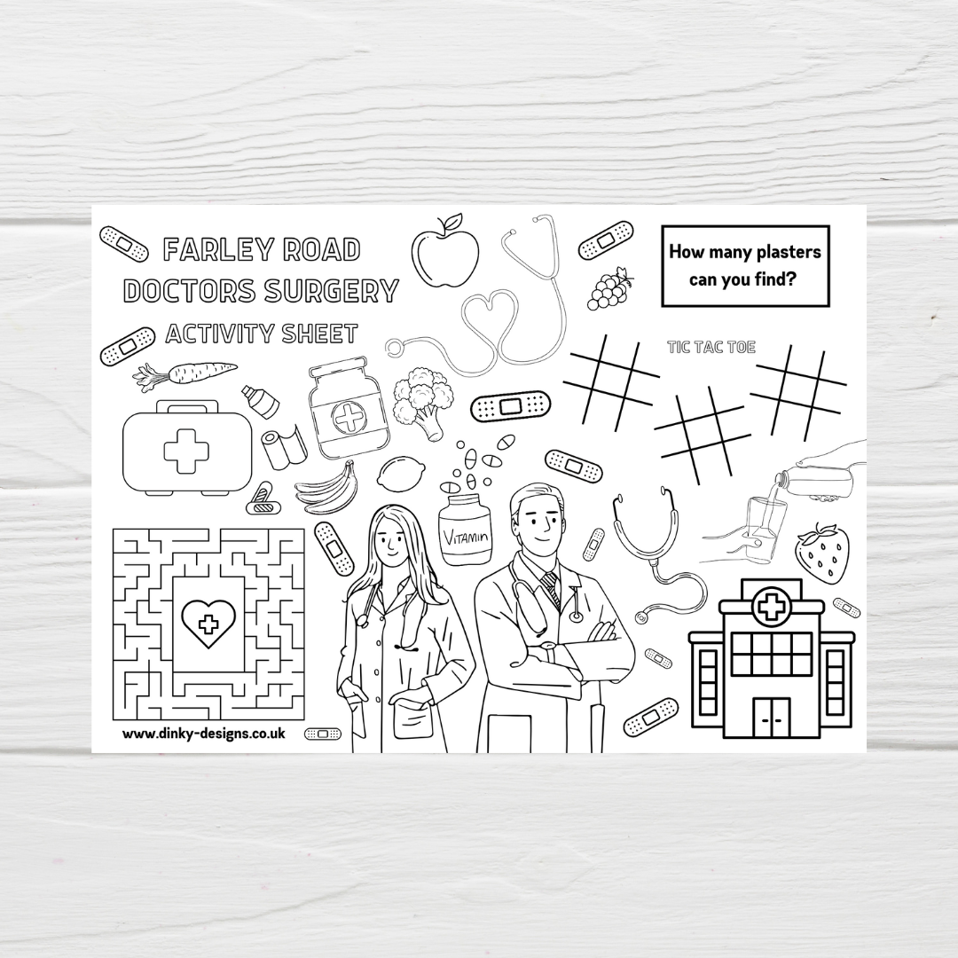 A4 Colouring Activity Sheets | Personalised Doctors Surgery Design Activity Sheets | Patient Waiting Room Activity - Dinky Designs